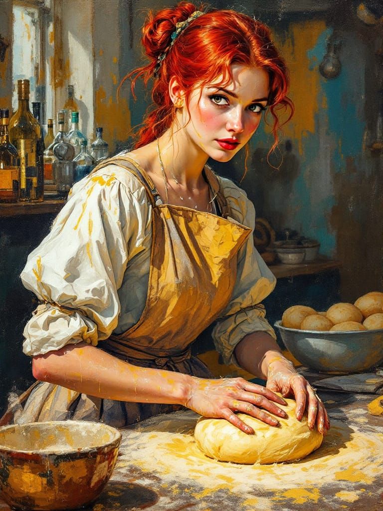 Redhead Baker Kneading Dough in a Bustling Kitchen
