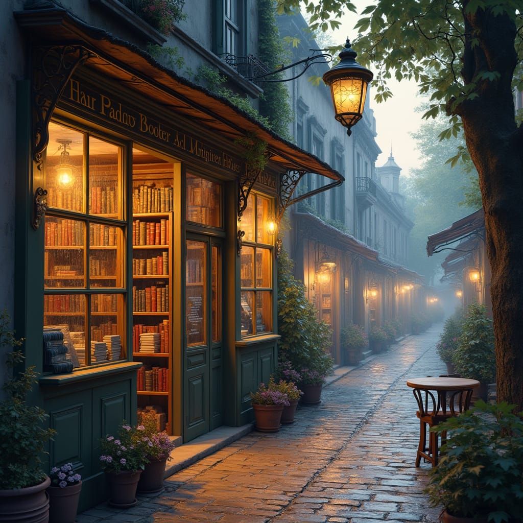 Antique Bookstore in Twilight, Expressive Watercolor Style