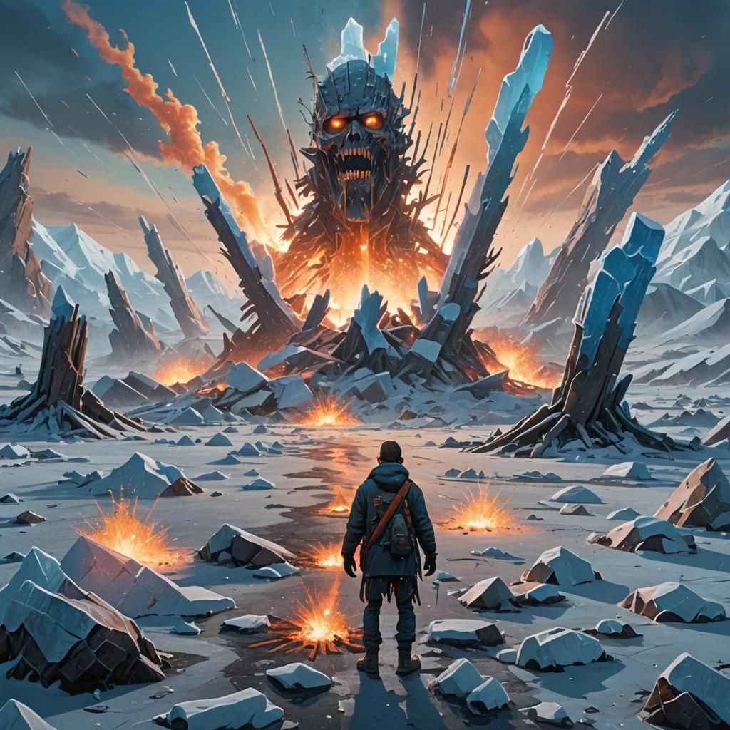 Zombie in Icy Wasteland Explosion: Fantasy Horror Art