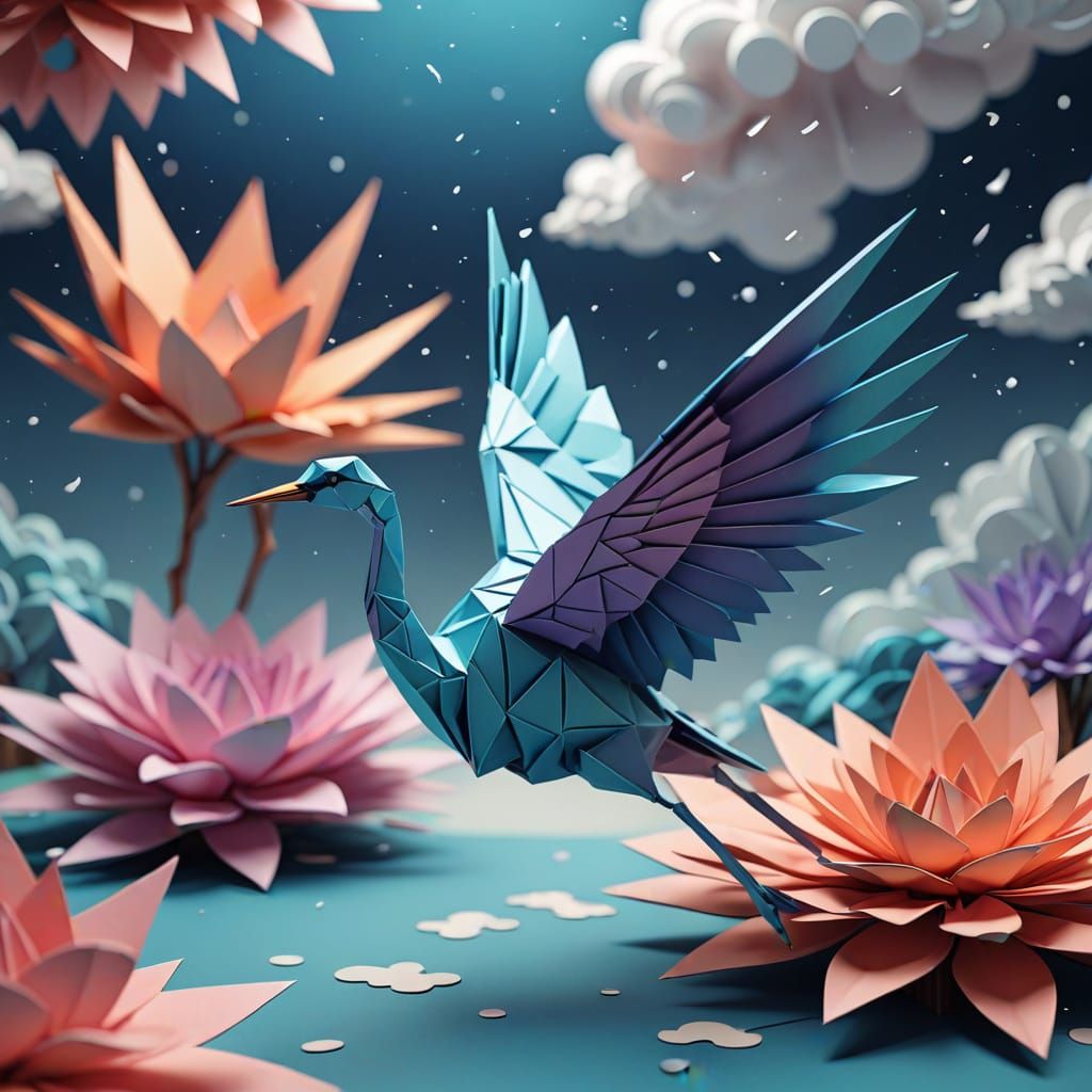 Origami Crane Soaring Through Dreamlike Sky