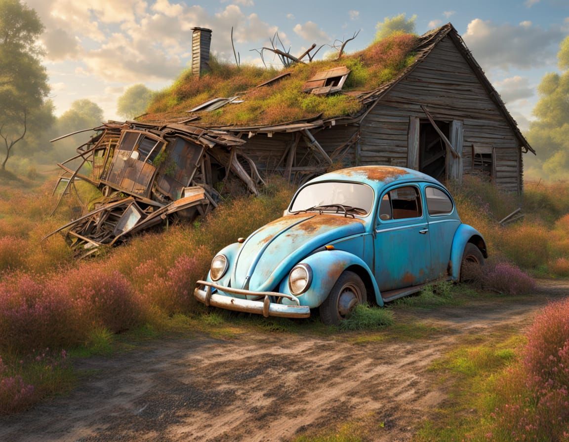 Wrecked Beetle: Abandoned Car as Oil Painting