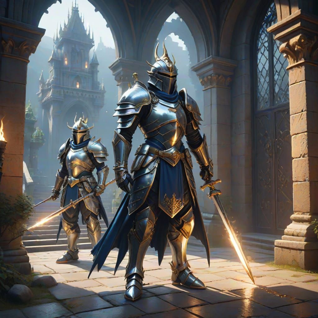 Menacing Guards in Spiked Silver Armor Stand Guard in a Mist...