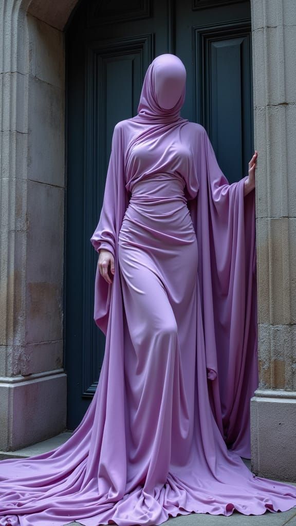Mysterious Figure in Flowing Violet-Pink Fabric as Ethereal ...