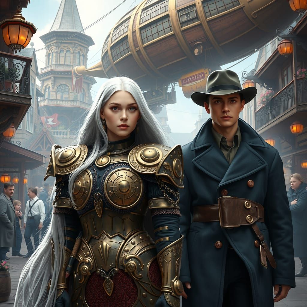 Elegant Female Cavalier in Steampunk Marketplace