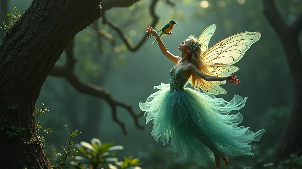 Glowing Fairy and Finch in Lush Forest