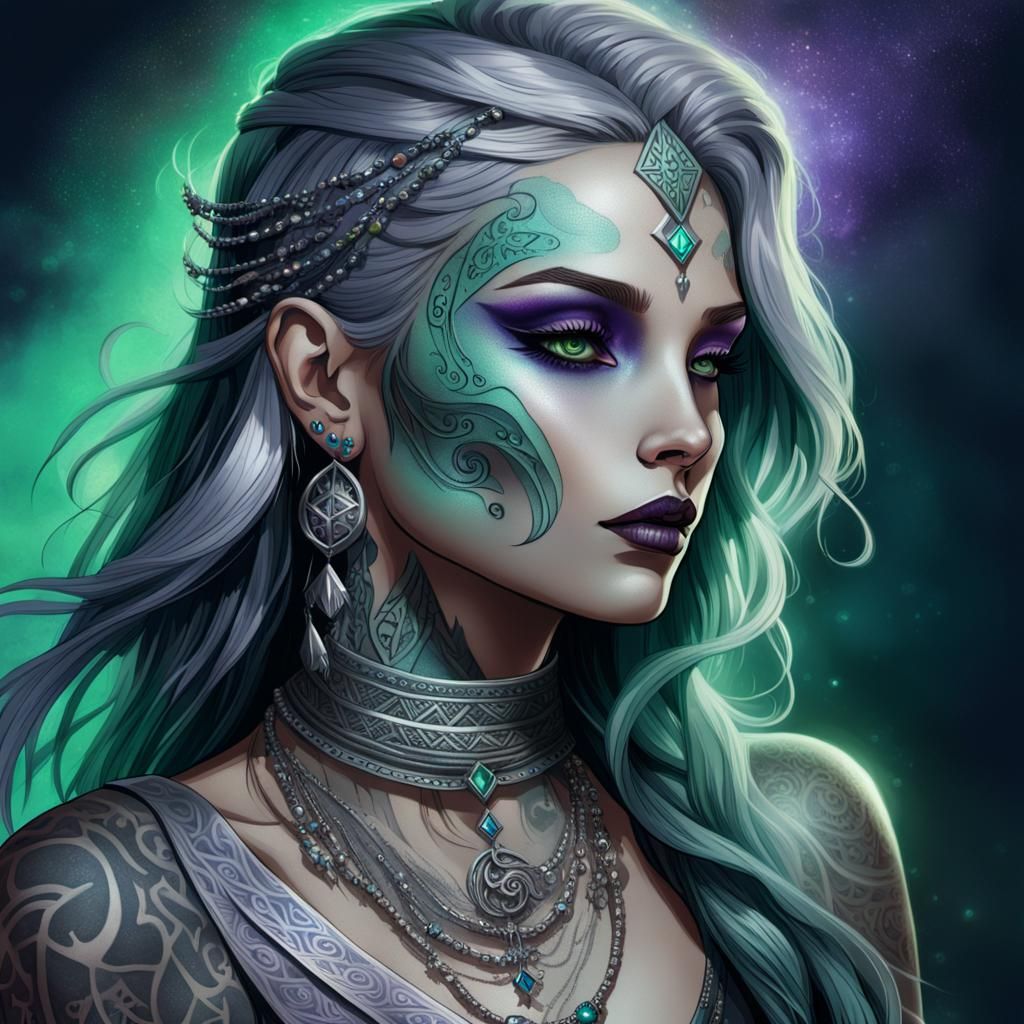 Mystical Silver Witch Portrait with Tribal Tattoos
