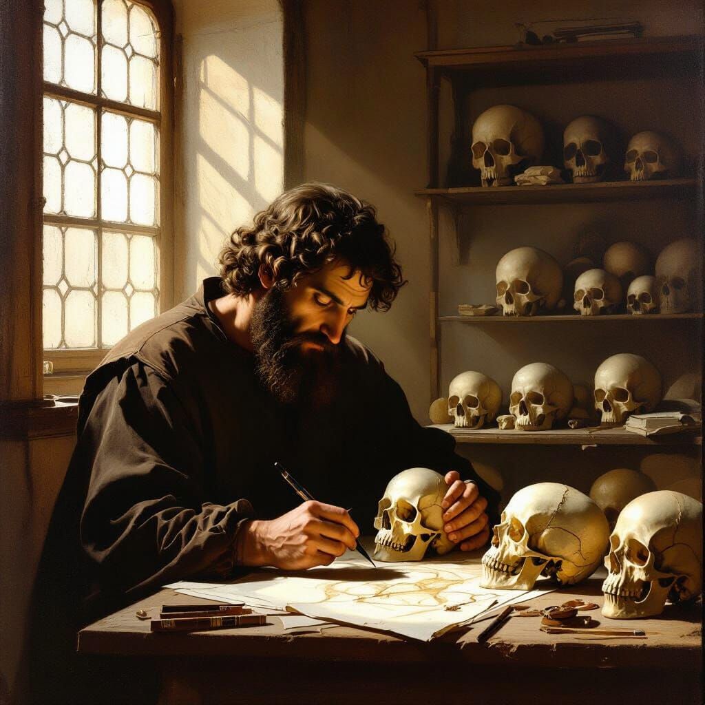 Michelangelo sketches a human skull in his studio