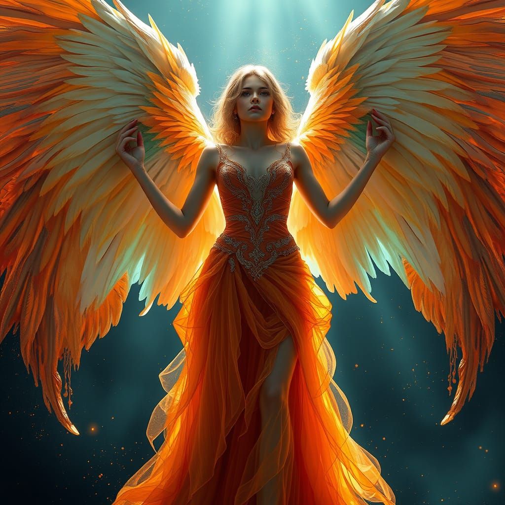 Surreal Angel Goddess Unfolds Vibrant Wings in Triadic Color...