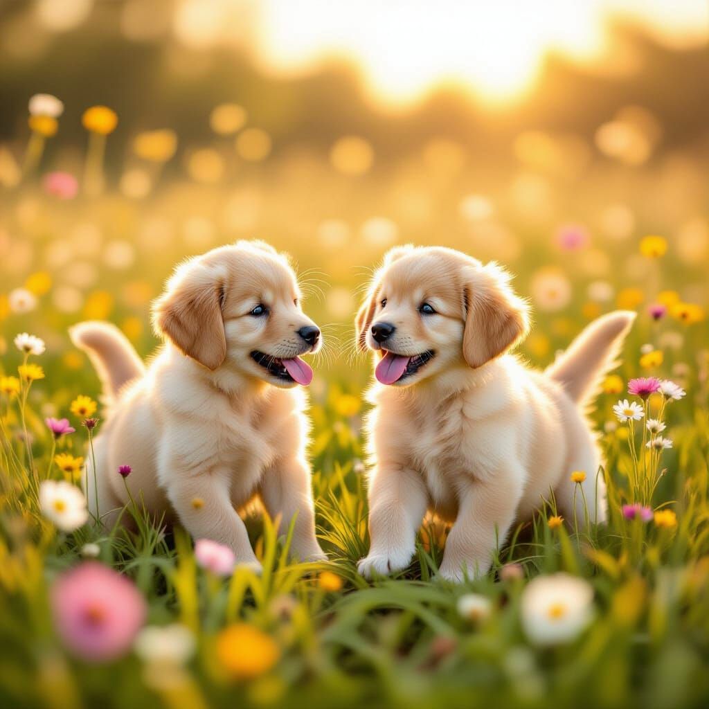 Golden Retriever Puppies Play in Wildflower Meadow
