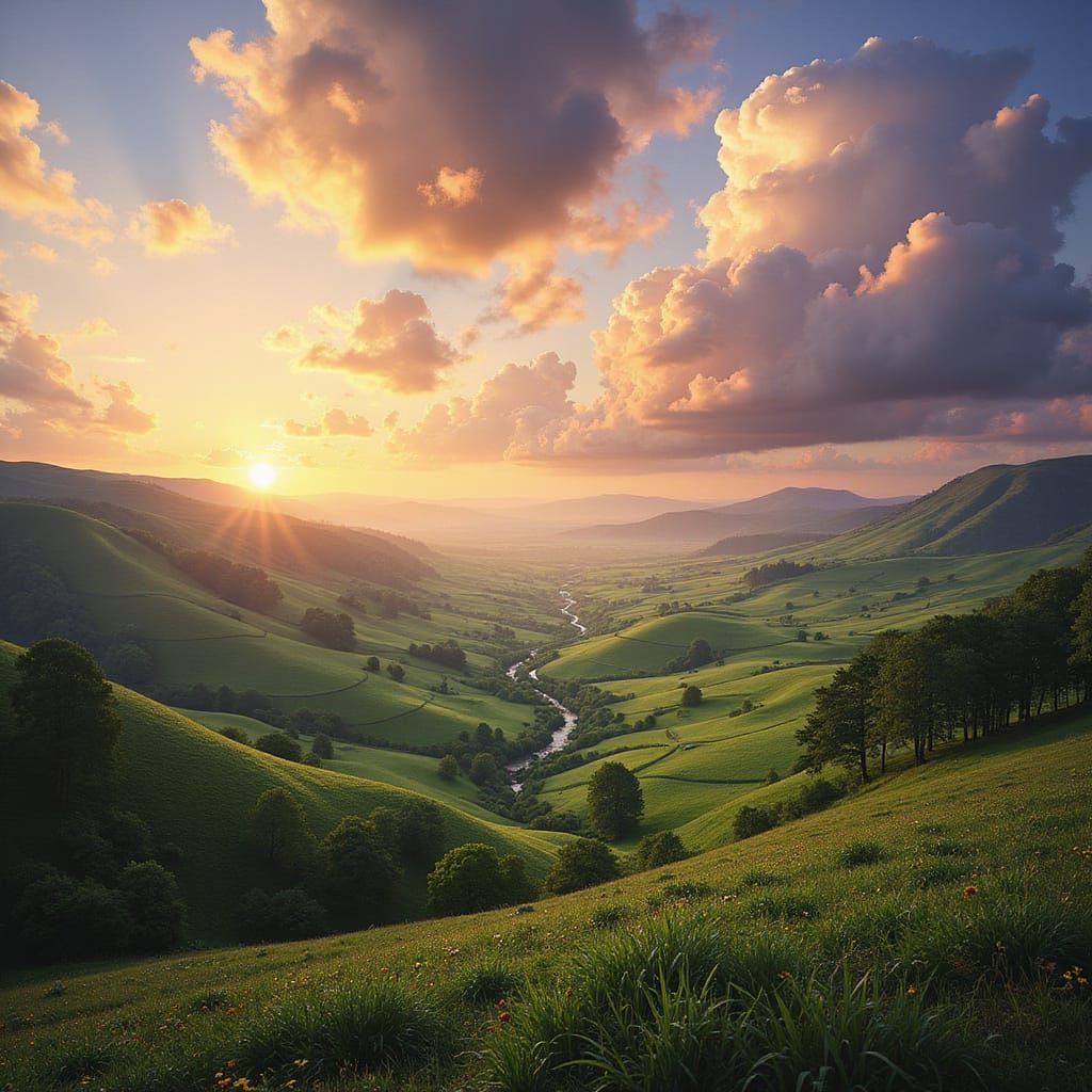 Epic Fantasy Landscape of Golden Sunrise over Rolling Hills