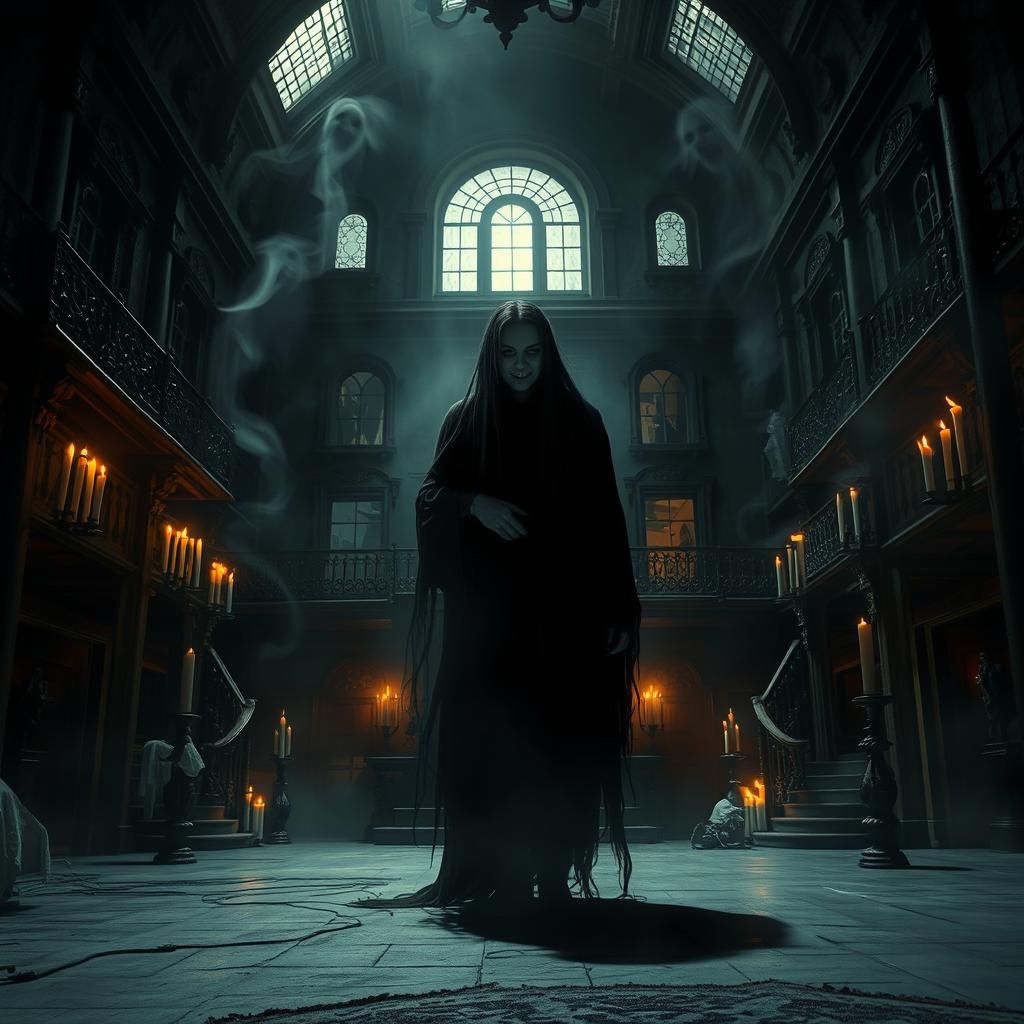 Haunted Mansion Interior with Female Ghost