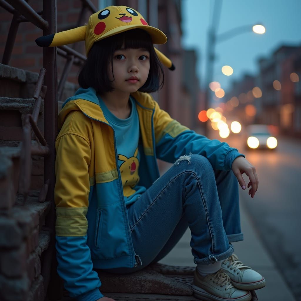 Teenage Girl on Fire Escape in Hyperrealistic Style