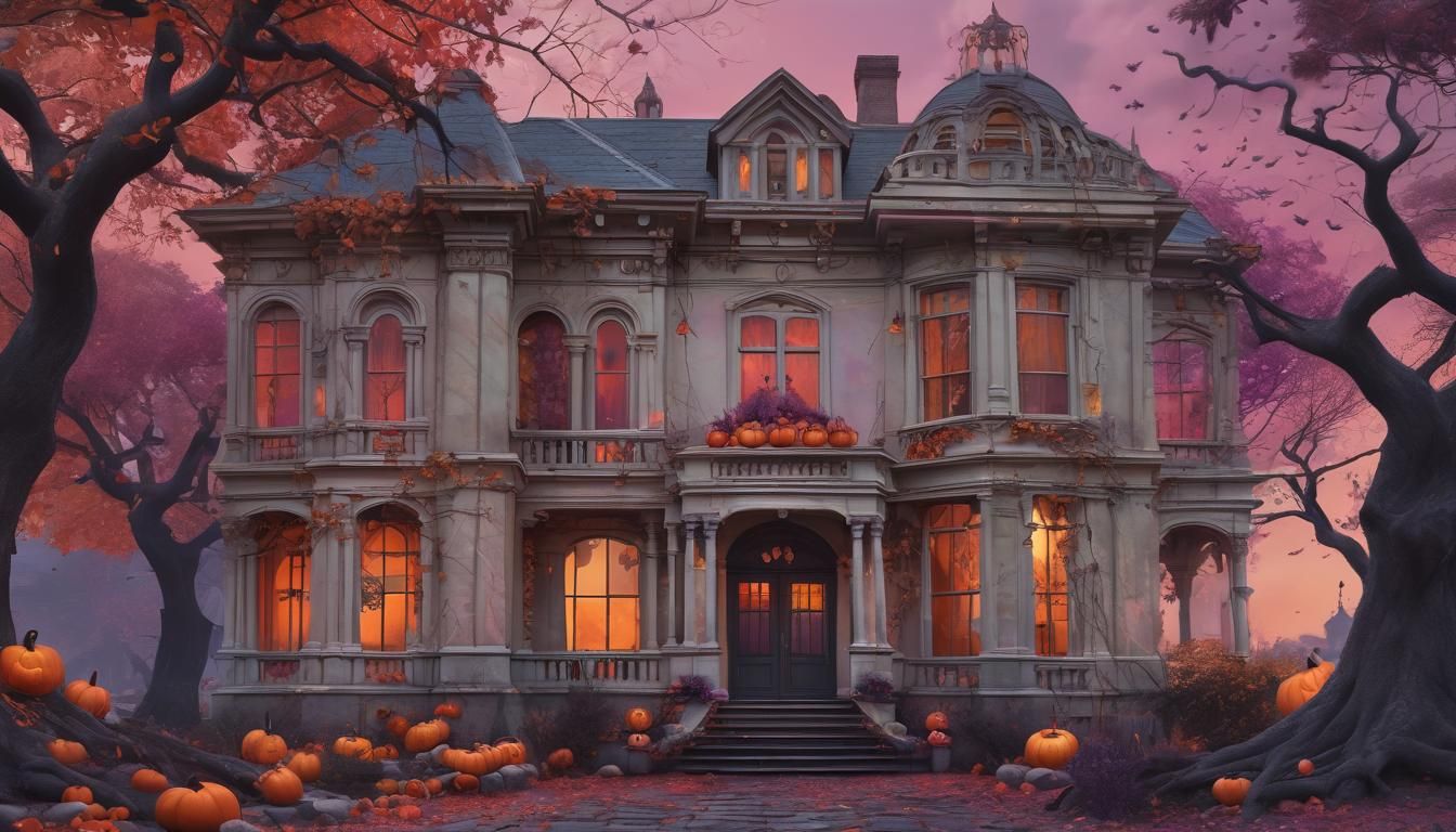 Autumn Mansion Split: Vibrant Fall vs. Gothic Graveyard