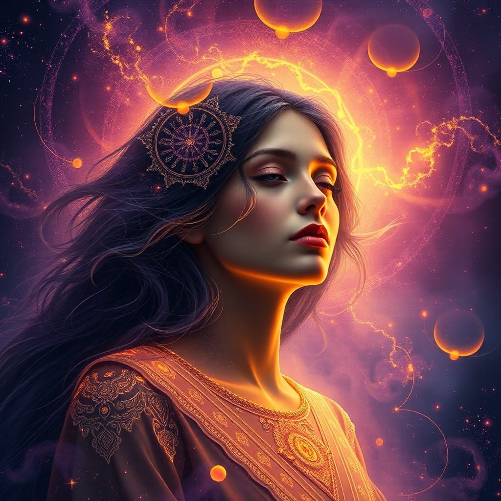 Ethereal Figure Dissolving into Cosmos in Art Nouveau Style