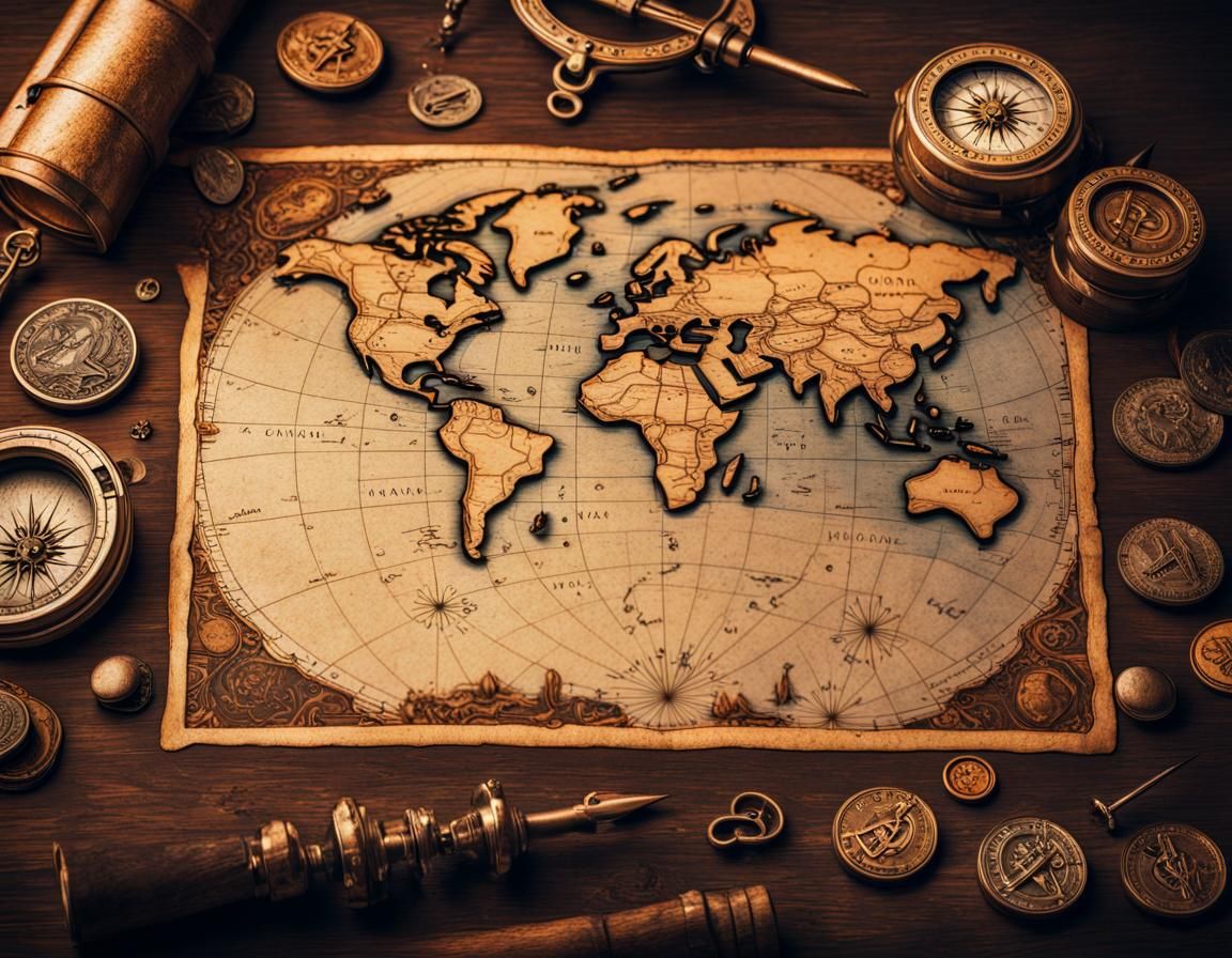 Detailed Old World Map with Pirate Treasures