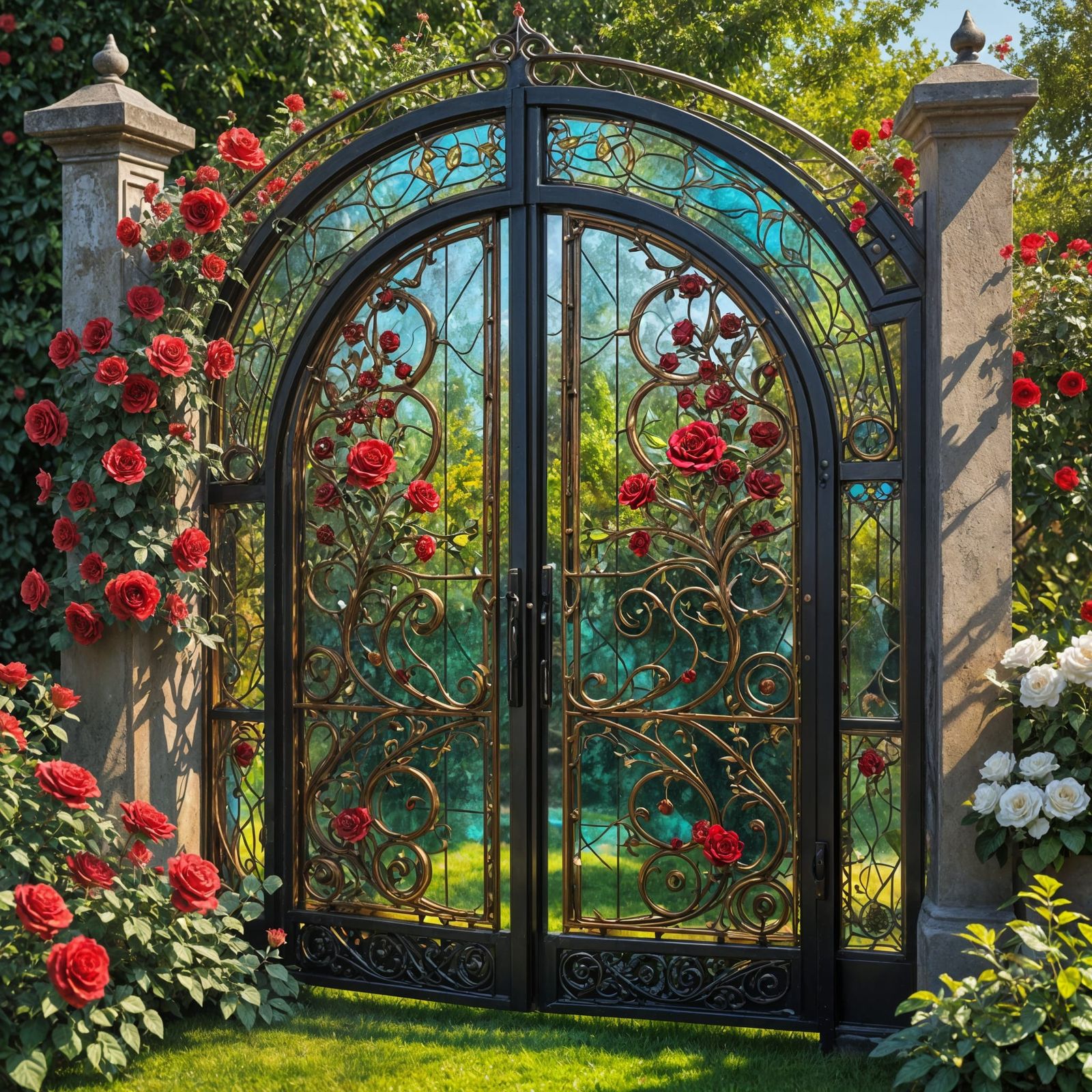 Iridescent Rose Garden Gate in Stained Glass