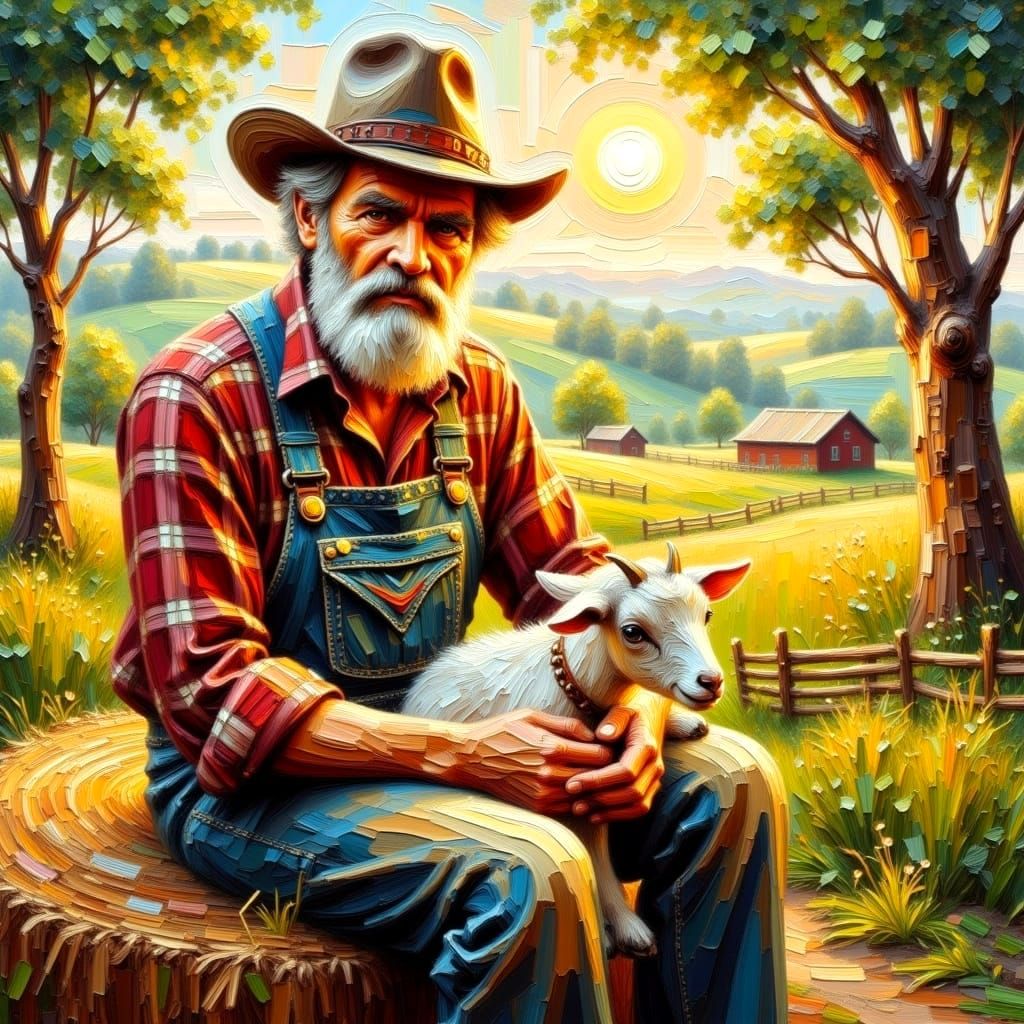 Ethereal Impasto Portrait of Gentle Farmer with Baby Goat