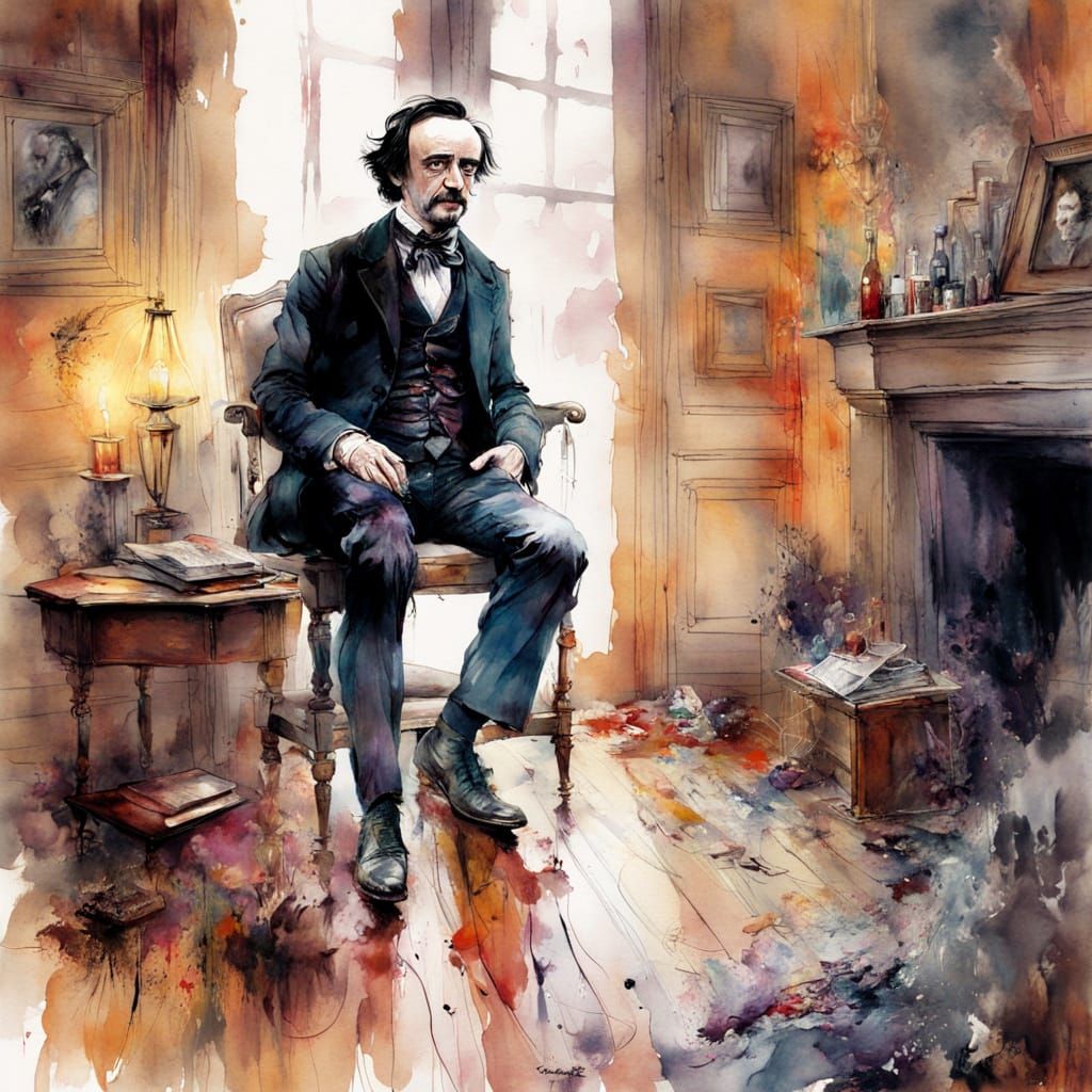 From The Tell-Tale Heart. Edgar Allen Poe sitting above the wooden floorboards where he hid the body.