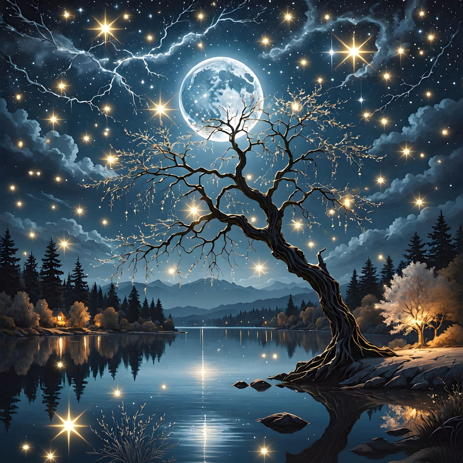 Mystical Willow Tree Under Starry Night Sky