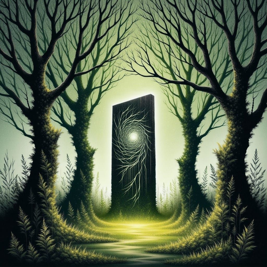 Ancient Oak Trees Surround a Mystical Stone Monolith in a Tr...