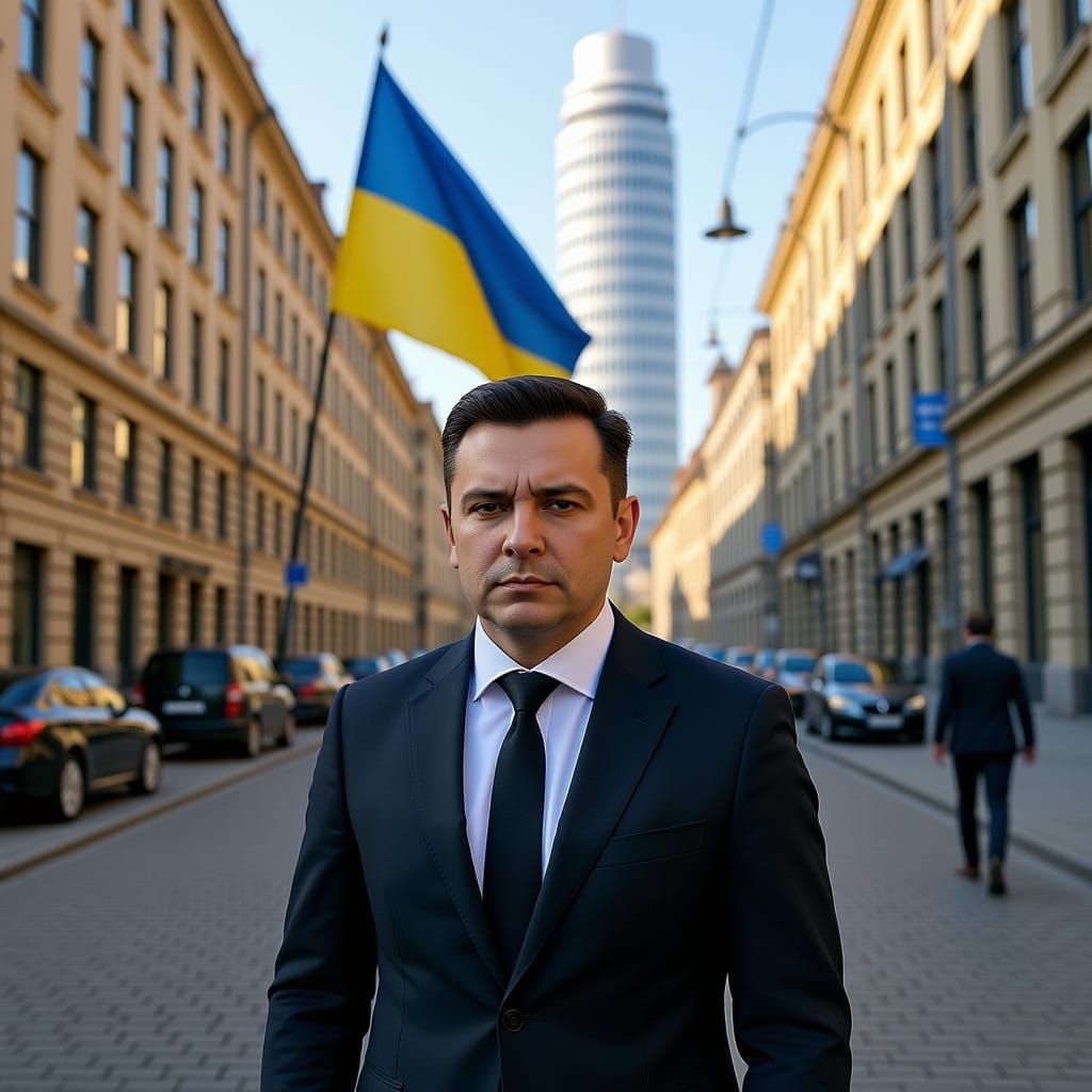 Hyperrealistic Man in Suit on European Street with Flag