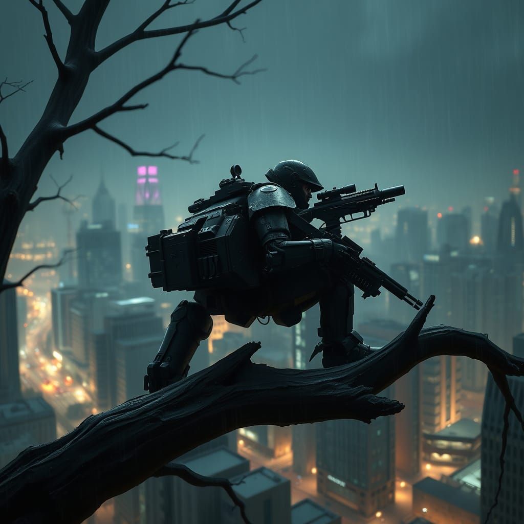 Stealthy Vigilante Mech Perched in Tree, Urban Combat, Rainy...