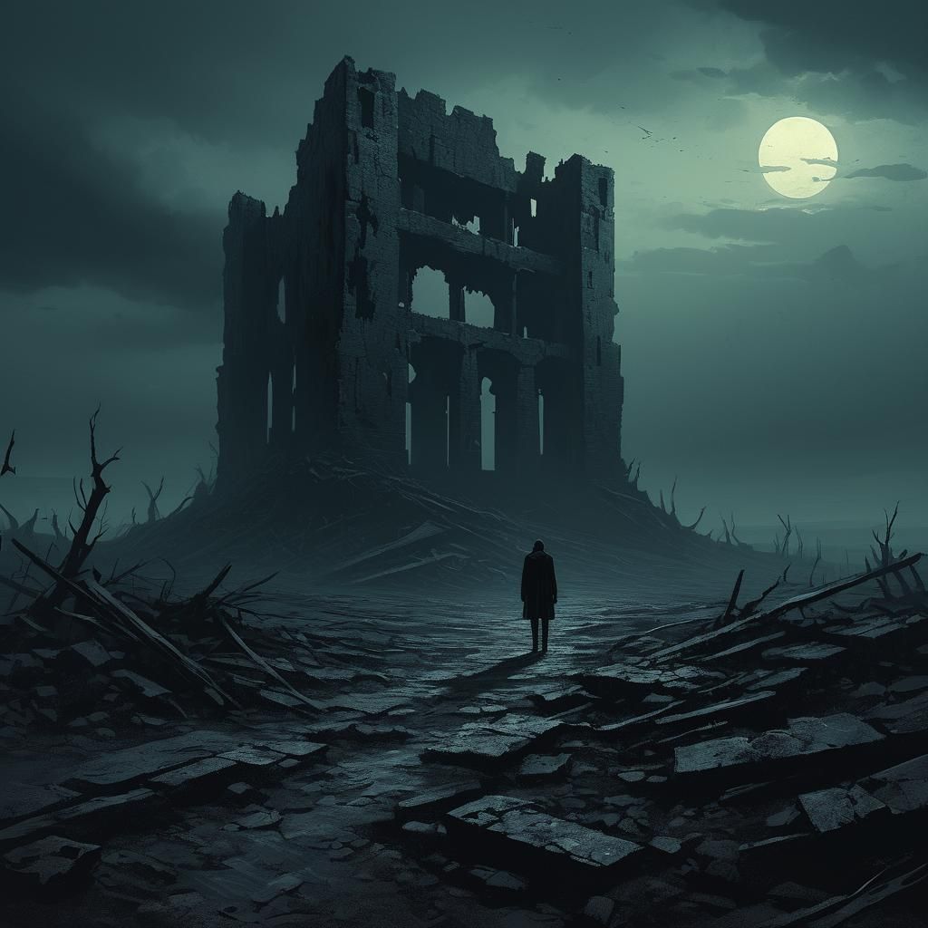 Desolate Figure in Ruined Landscape: Dark Surrealism
