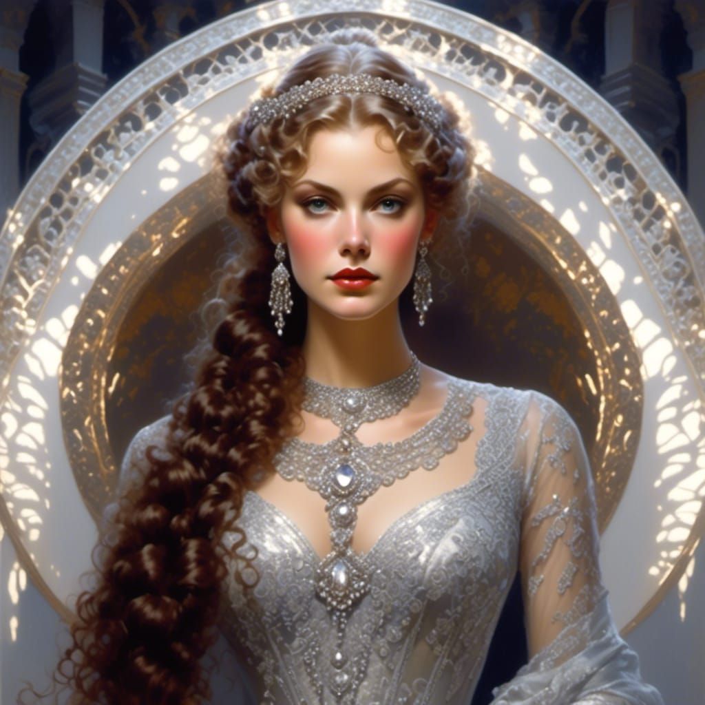 Woman in Silver Lace Gown Digital Art