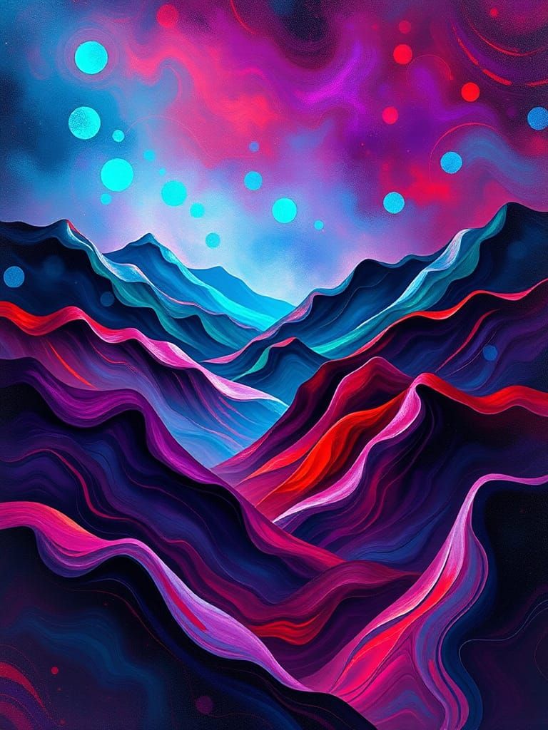 Dreamlike Mountain Landscape in Vibrant, Swirling Colors