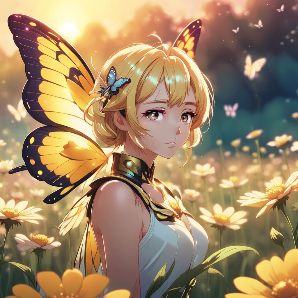 Confused Butterfly in Anime Style Flower Field