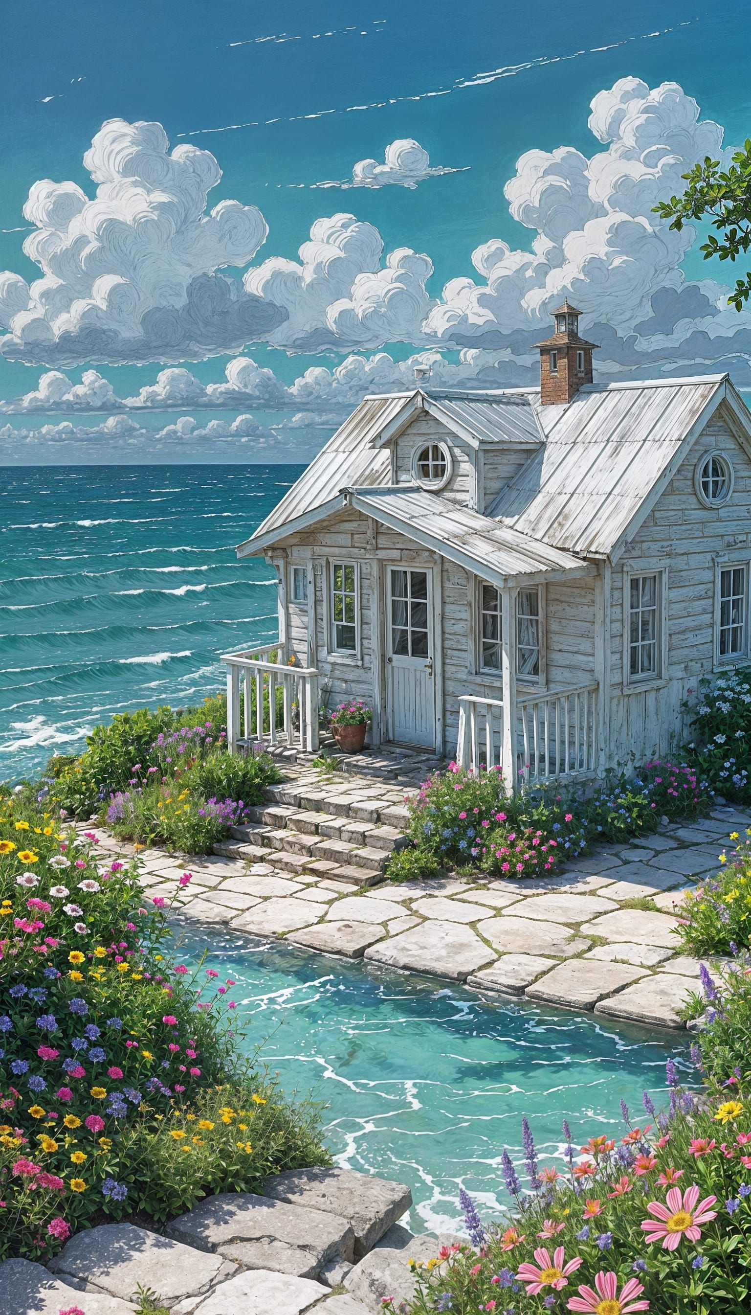 White Seaside Cottage on Rocky Shore with Turquoise Ocean