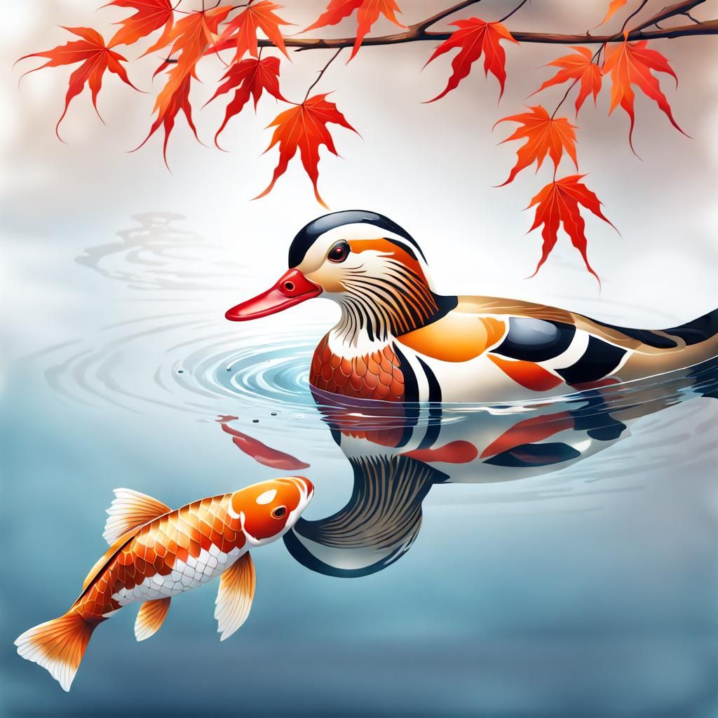 Mandarin Duck and Koi Carp Touching
