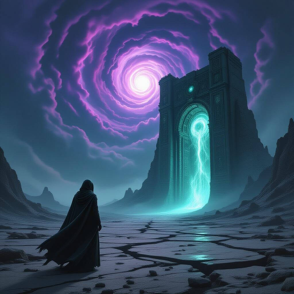 Woman Gazes at Ancient Gate in Desolate Wasteland