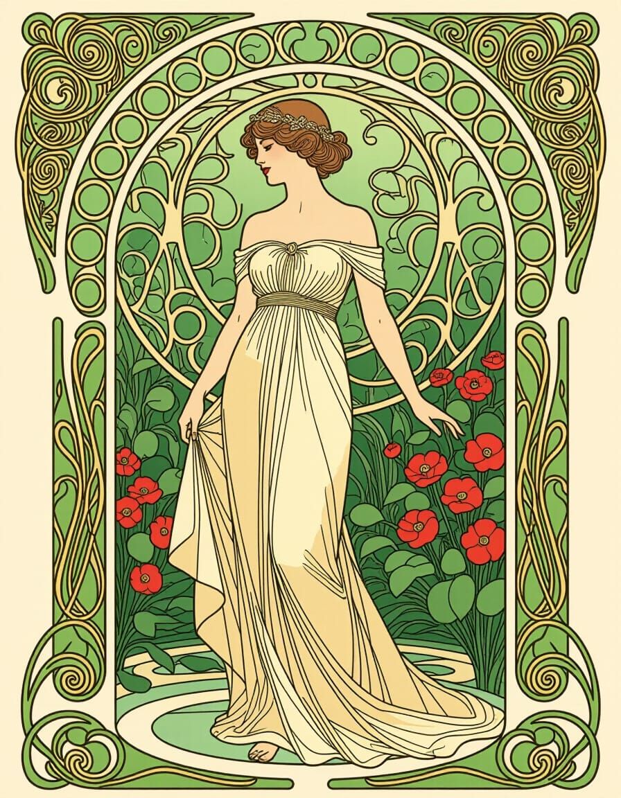 Elegant Woman in Art Nouveau Garden Design