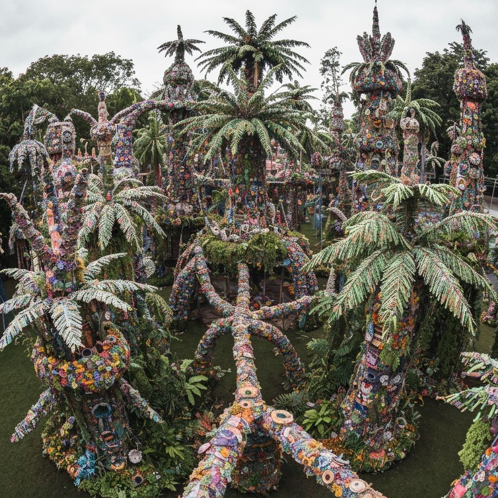 A whimsical, primal jungle built entirely from recycled cardboard, wool threads, crumpled paper, and misfit craft materi...