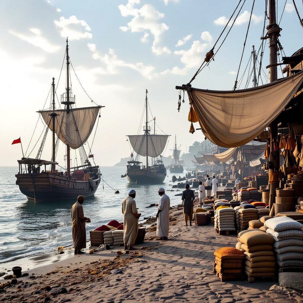 Bustling Indian Ocean Port with Arab & Indian Merchants