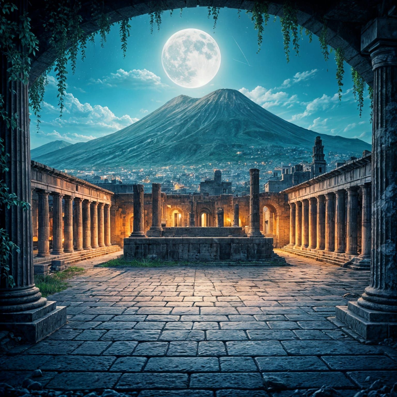 Ethereal Pompeii Under Moonlit Vesuvius