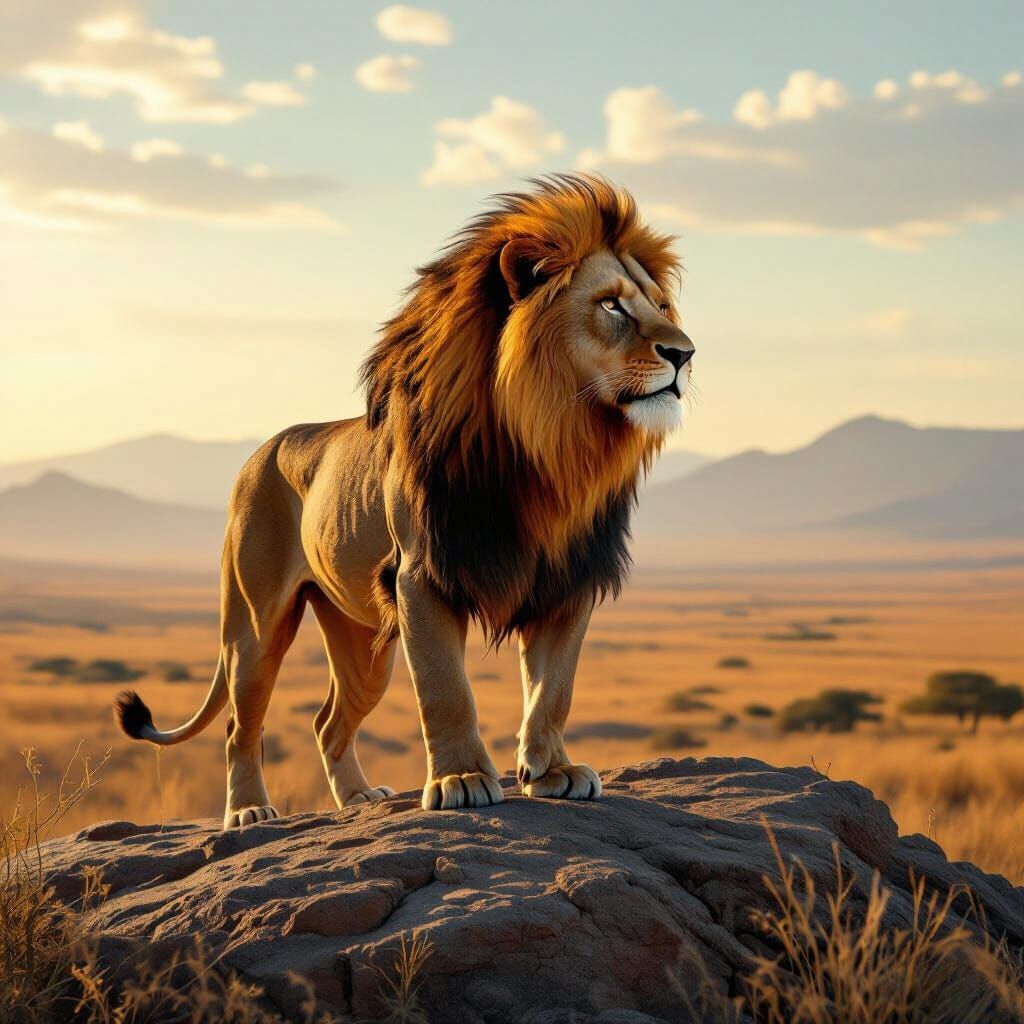 Majestic Lion with Fiery Mane Overlooking Savannah