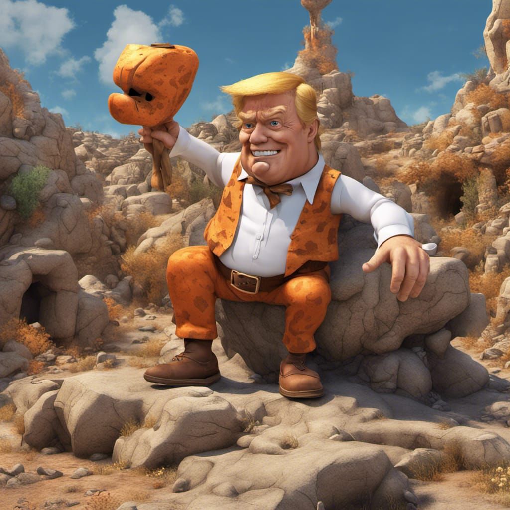 Trump as fred flintstone in the quarry with barney  bright s...