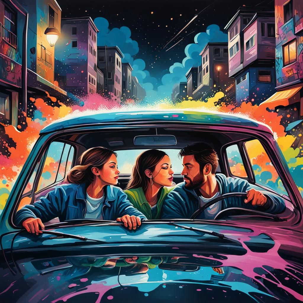 Couple Driving at Night in Graffiti Art Style
