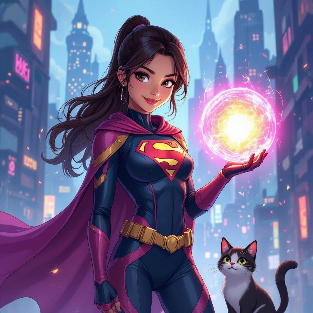 Teenage Superhero Girl with Cat in Anime Comic Style