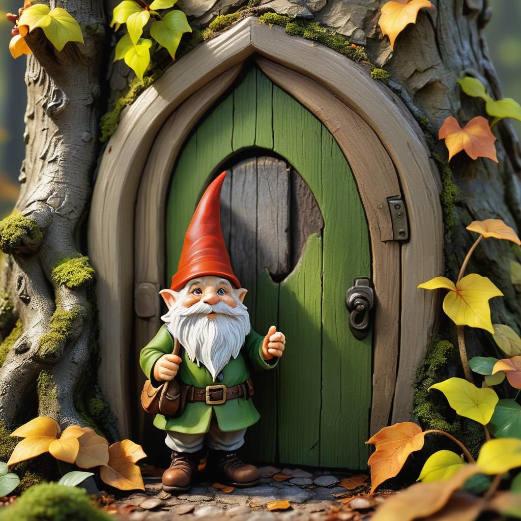 Photorealistic Gnome and Mouse in Autumn Forest