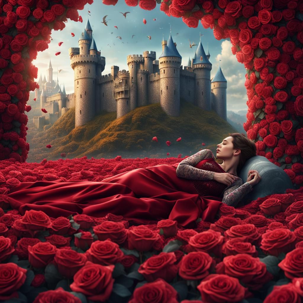 Woman in Rose Bed with Castle: Fantasy Art