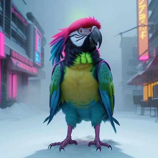 Cyberpunk Parrot Celebrates New Year in Neon Snow