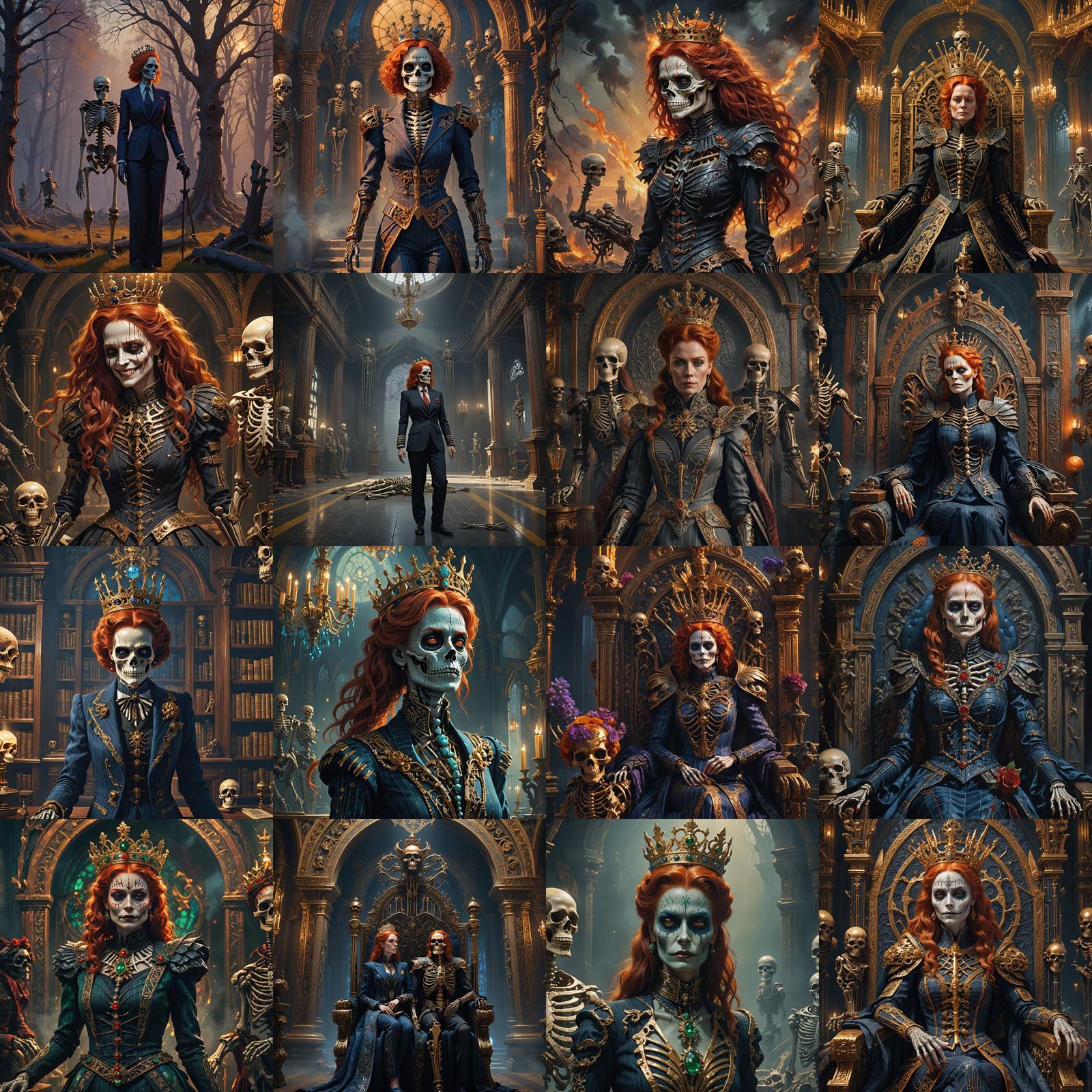 Red-Headed Queen with Skeleton in Pinstripes