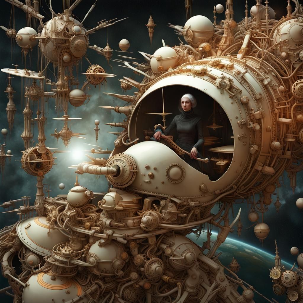 Surreal Spaceships Orbiting in a Dreamlike Landscape