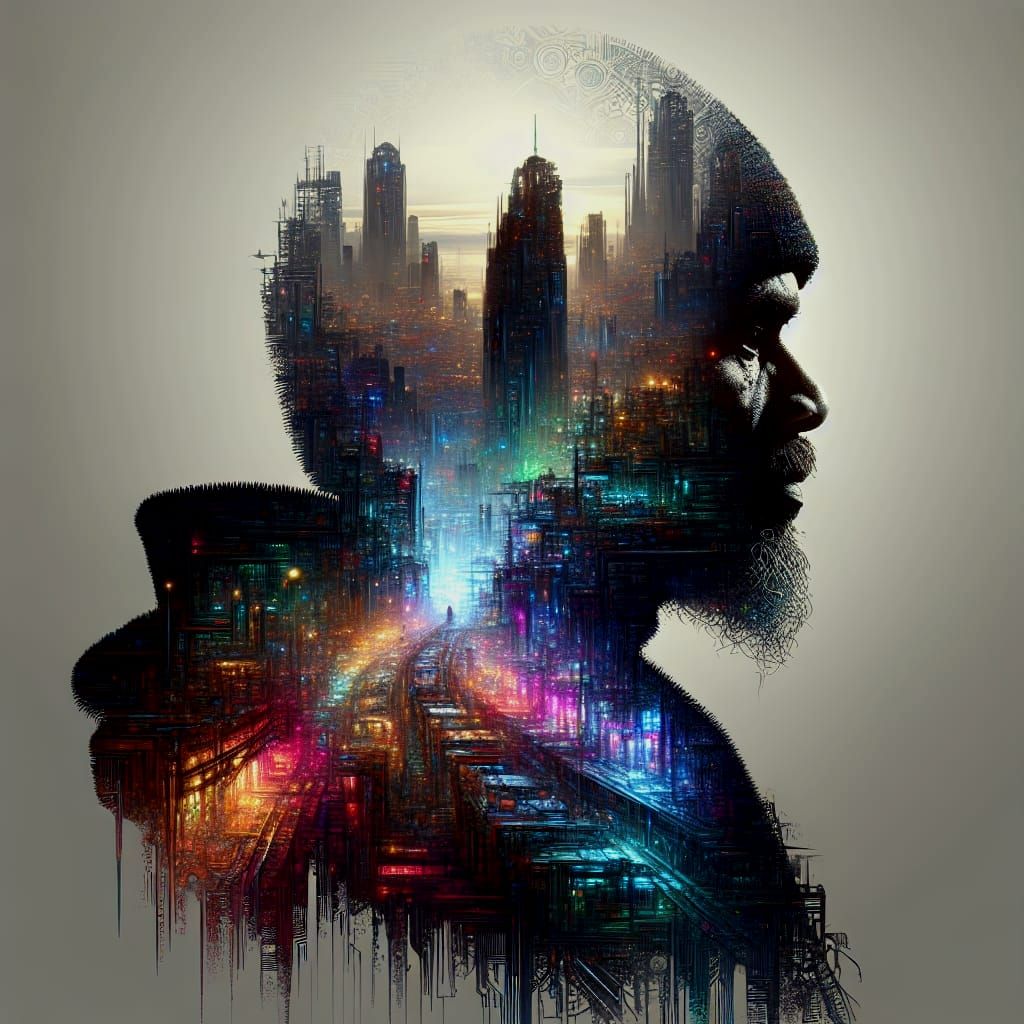 Cyberpunk Cityscape Merged with Silhouette in Photorealistic...