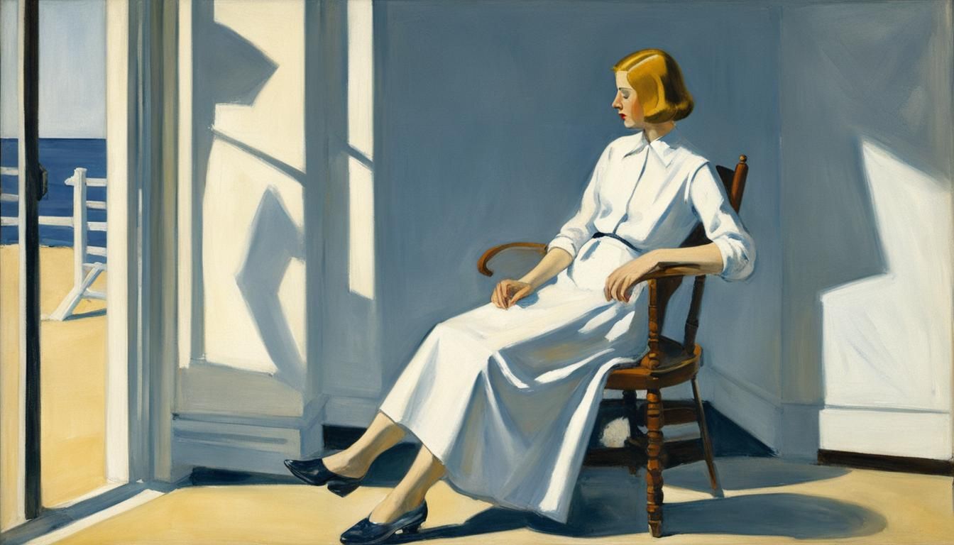 Woman Sewing in White Dress, Edward Hopper Style