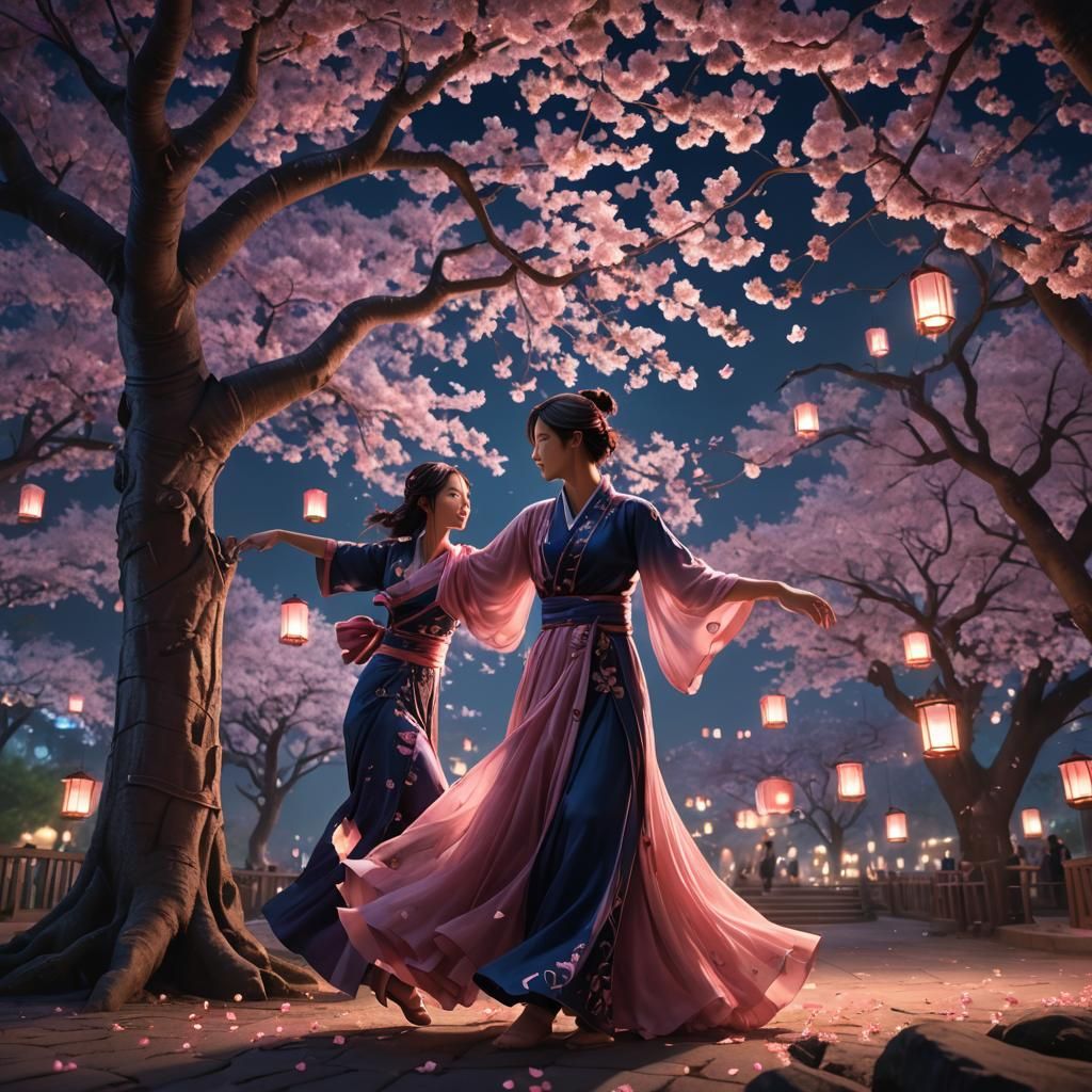 Romantic Dance Under Cherry Blossoms in Digital Art