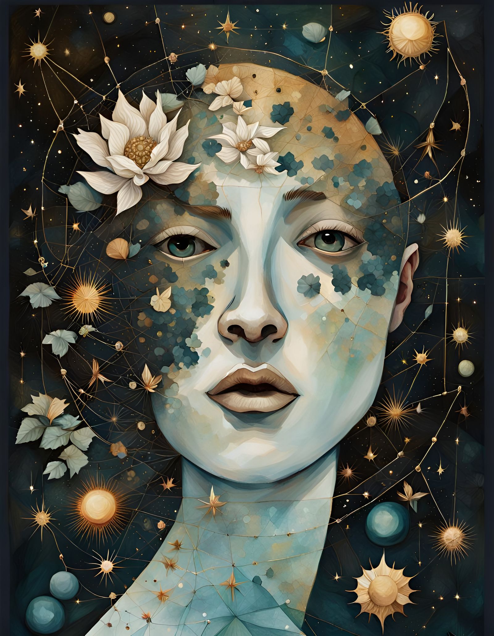 Textile Art Woman with Flowers and Constellations